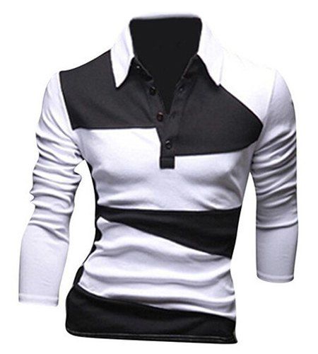 

Classic Color Lump Splicing Turn-down Collar Long Sleeves T-Shirt For Men, White