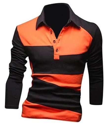 

Classic Color Lump Splicing Turn-down Collar Long Sleeves T-Shirt For Men, Orange