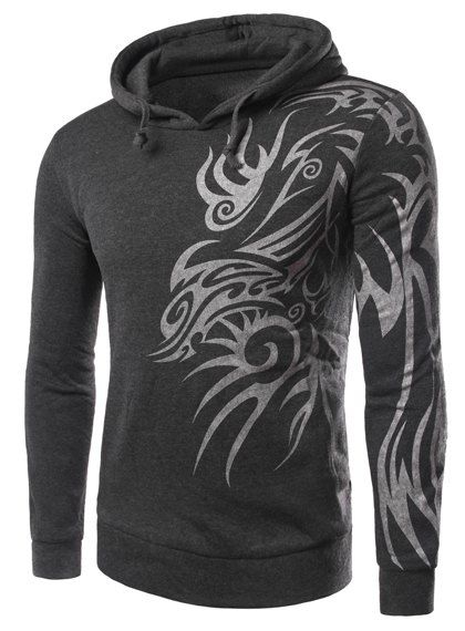 

Fashion Hooded Personality Totem Print Long Sleeves Hoodie For Men, Deep gray