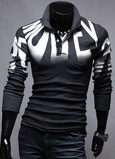 

Turn-Down Collar Letters Print Design Long Sleeve Polo T-Shirt For Men, Gray