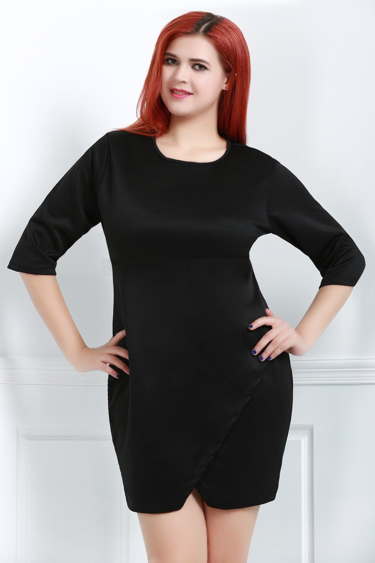 2018 Sexy Round Neck Half Sleeve Solid Color Plus Size Womens Dress In Black 3xl 1014