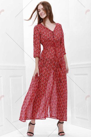 

High Split Printed Maxi Dress with Sleeves, Red