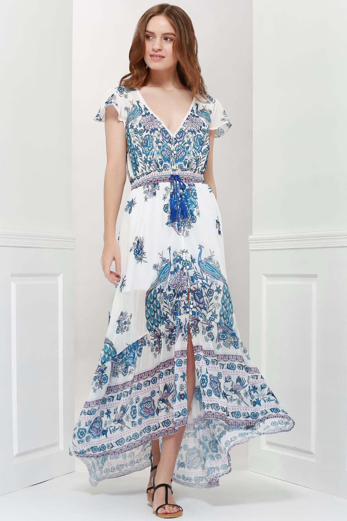

Bohemian Plunging Neck Short Sleeve Printed Women's Dress, Blue