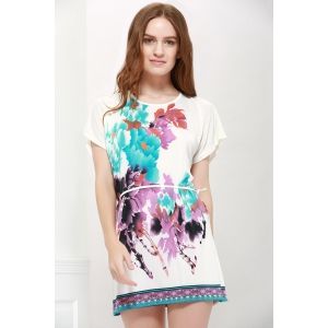 

Gorgeous Scoop Neck Bat-Wing Sleeve Floral Print Lace-Up Women 's Blouse, White