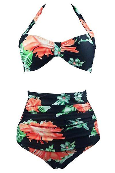 Black Xl Floral High Waisted Bandeau Bikini Set