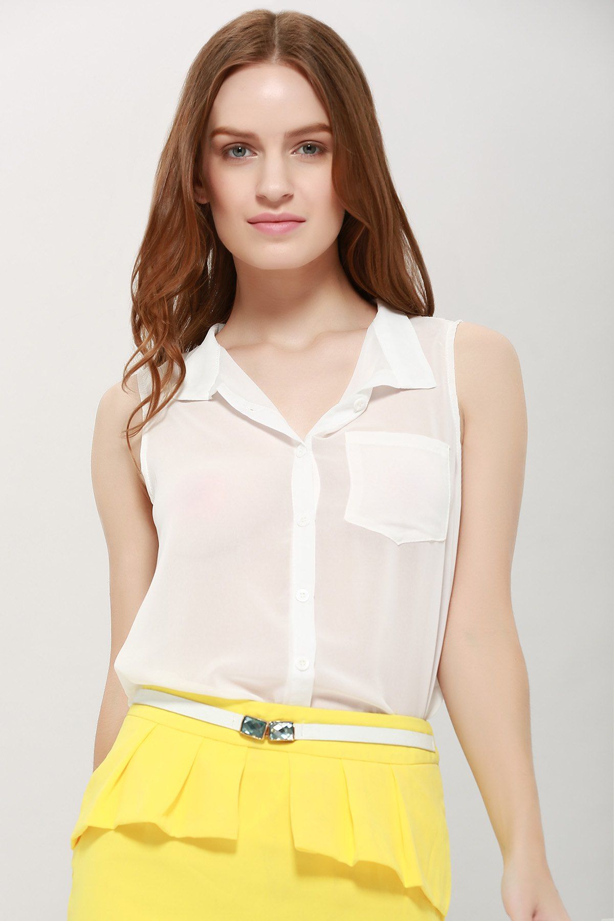 

One Pocket Sleeveless Chiffon Shirt, White