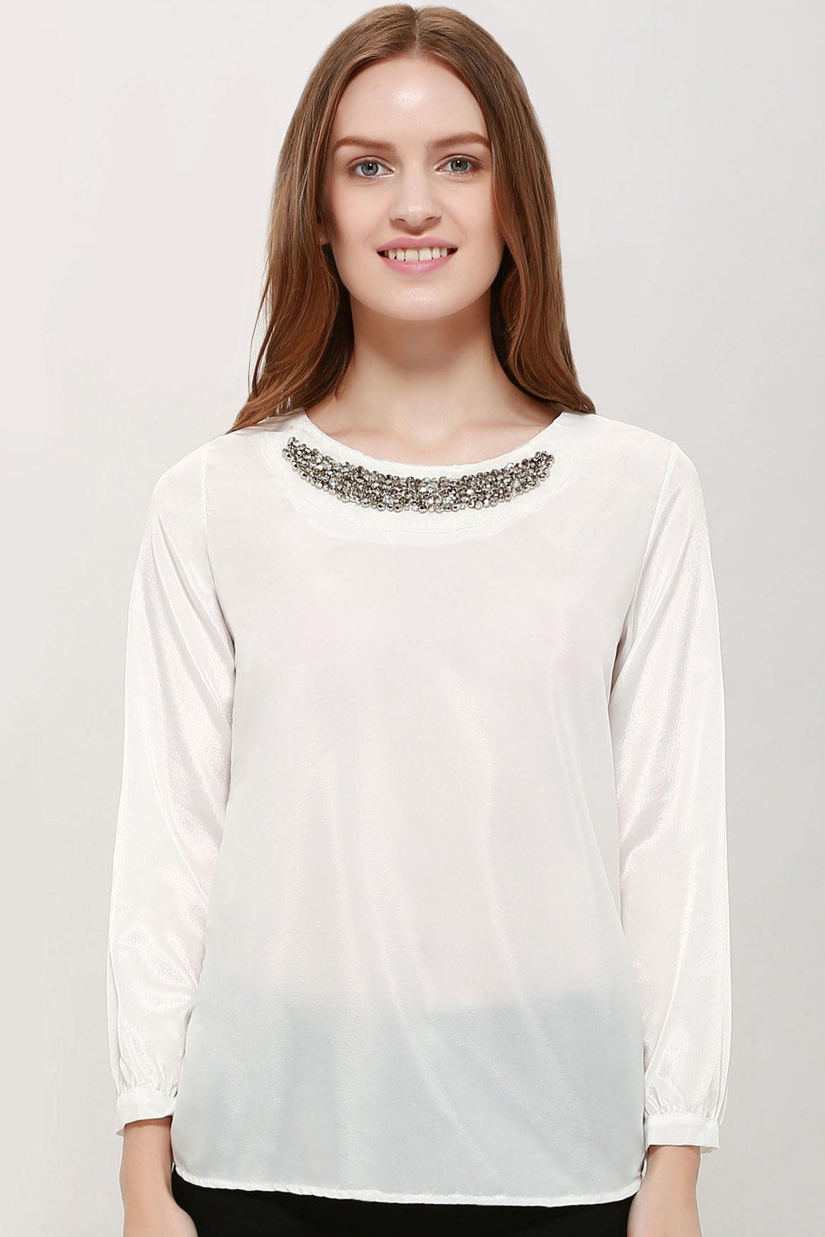 Shop Refreshing Scoop Neck Rhinestone Embellished Long Sleeves Slimming White Dacron Women's Blouse  