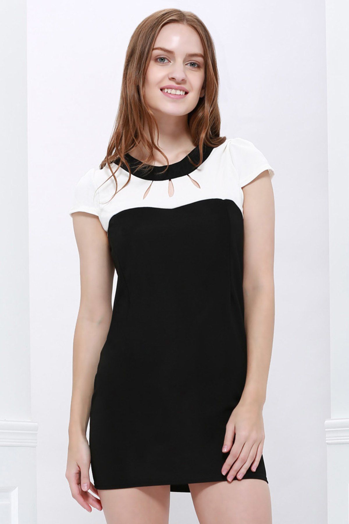 

Elegant Jewel Neck Short Sleeve Hollow Out Color Block Dress For Women, Black