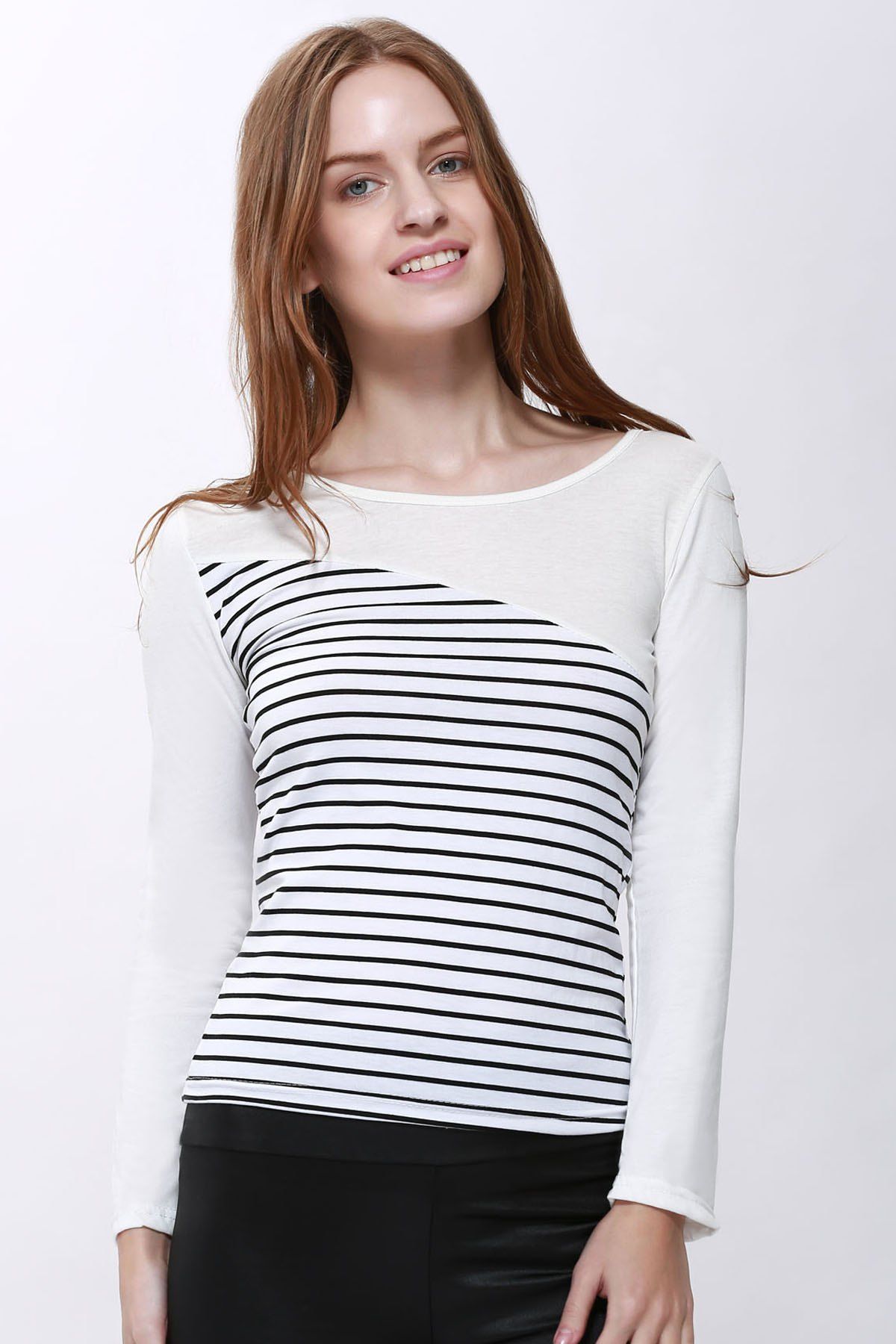 [5% OFF] Slimming Scoop Neck Splicing Color Stripe Long Sleeve Cotton ...