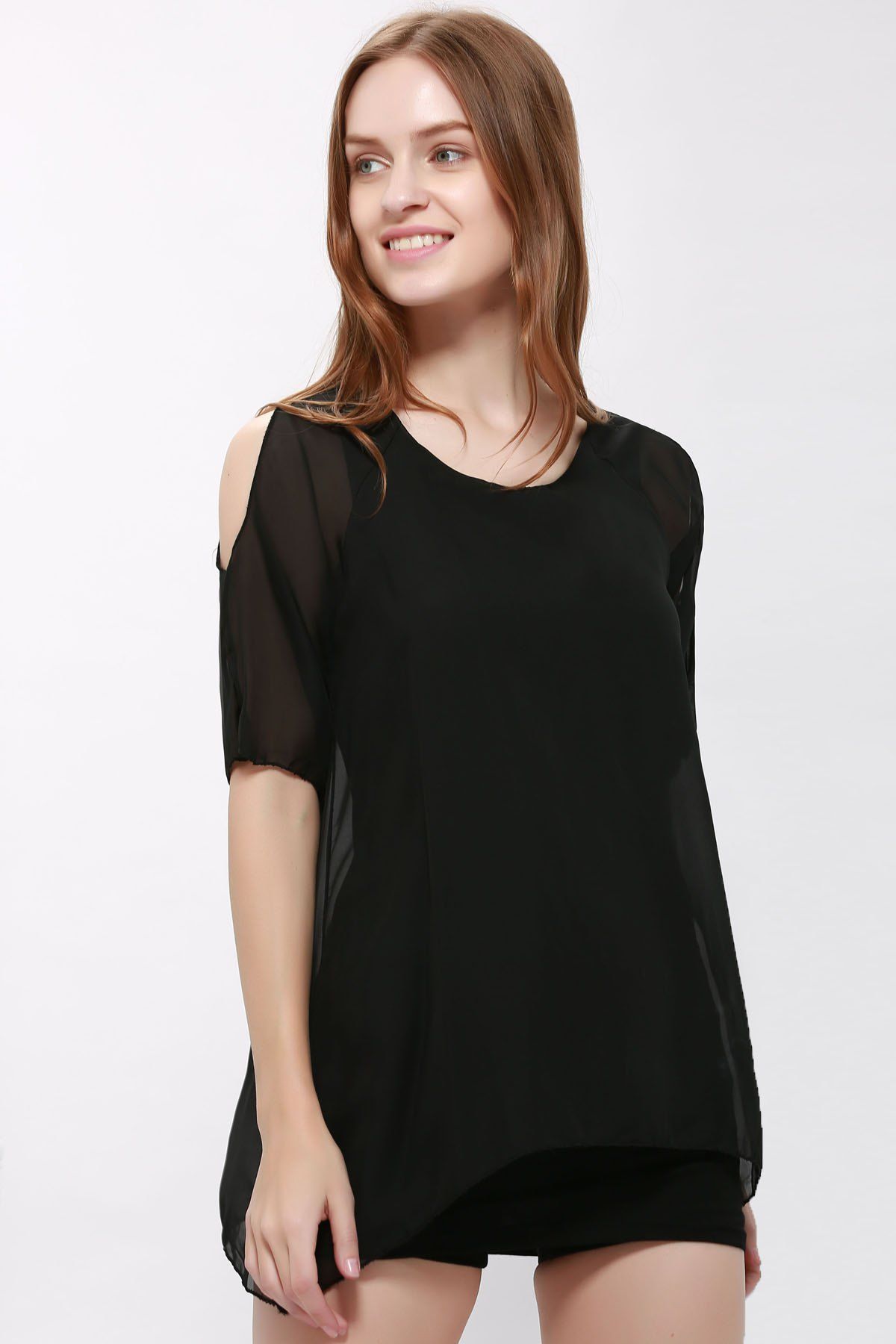 

Short Plain Cold Shoulder Chiffon Dress, Black