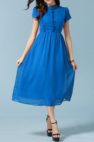 [43% OFF] Stylish Stand Collar Short Sleeve Ruffled Midi Dress For ...