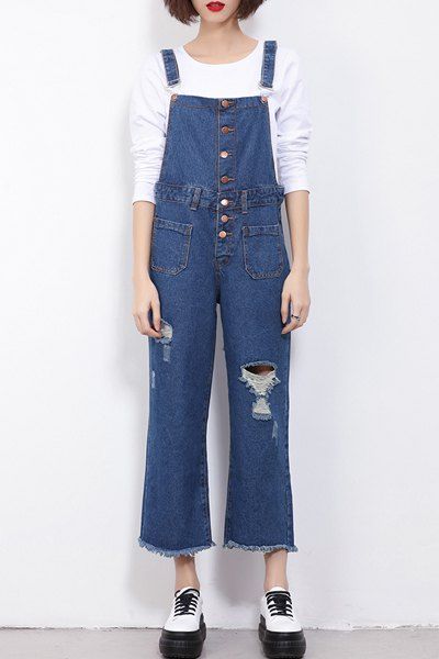 [46% OFF] Cute Broken Hole Suspender Jeans For Women | Rosegal