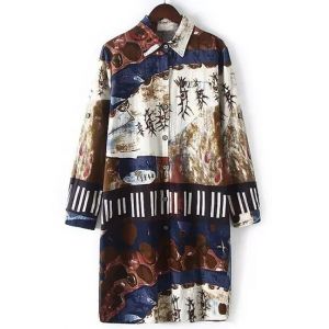 band collar loose fitting print blouses