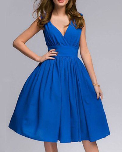 [36% OFF] Elegant Plunge Neck Sleeveless High Waist Blue Midi Dress For ...