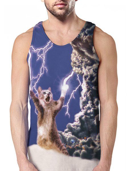 

Round Neck Lightning and Cat 3D Print Sleeveless Tank Top For Men, Colormix