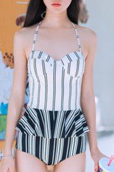 OFF Sexy Halter Sleeveless Striped One Piece Swimwear For Women Rosegal