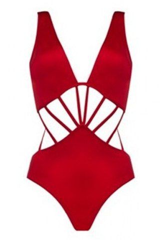 

Sexy Plunging Neck Sleeveless Hollow Out One Piece Swimwear For Women, Red