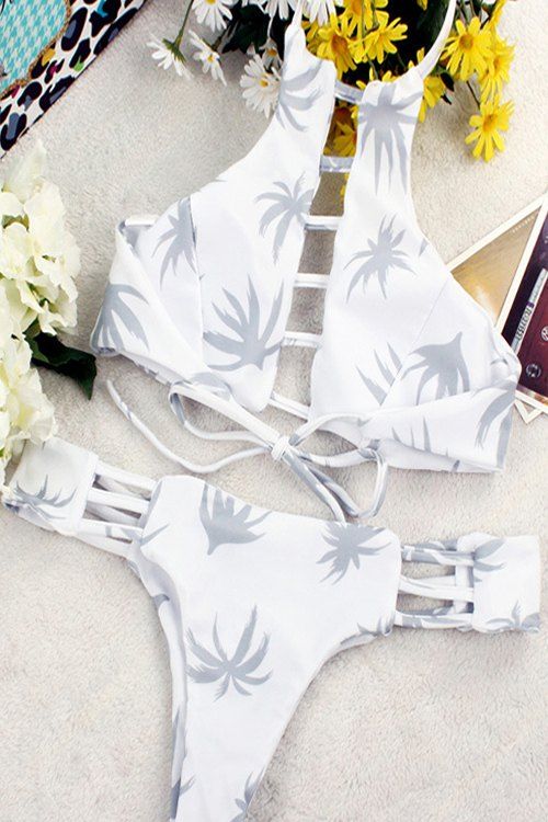 

Sexy High-Cut Maple Leaf Print Ladder Cut Bikini Set, White