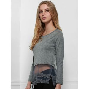 

Charming Scoop Neck Long Sleeve Solid Color Lace Spliced Hem T-Shirt For Women, Deep gray