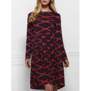 

Round Neck Printed Long Sleeve A Line Dress, Deep red