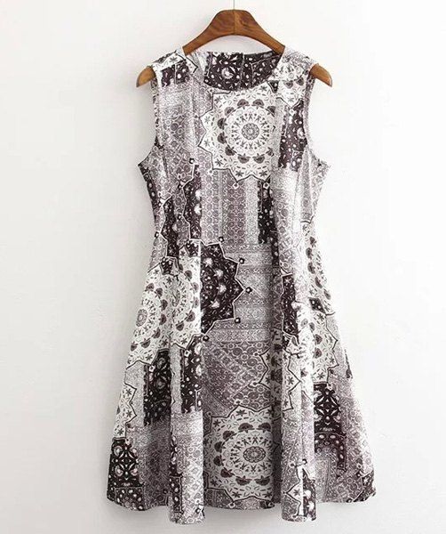 Outfits Vintage Round Neck Sleeveless  Printed Women's Dress  