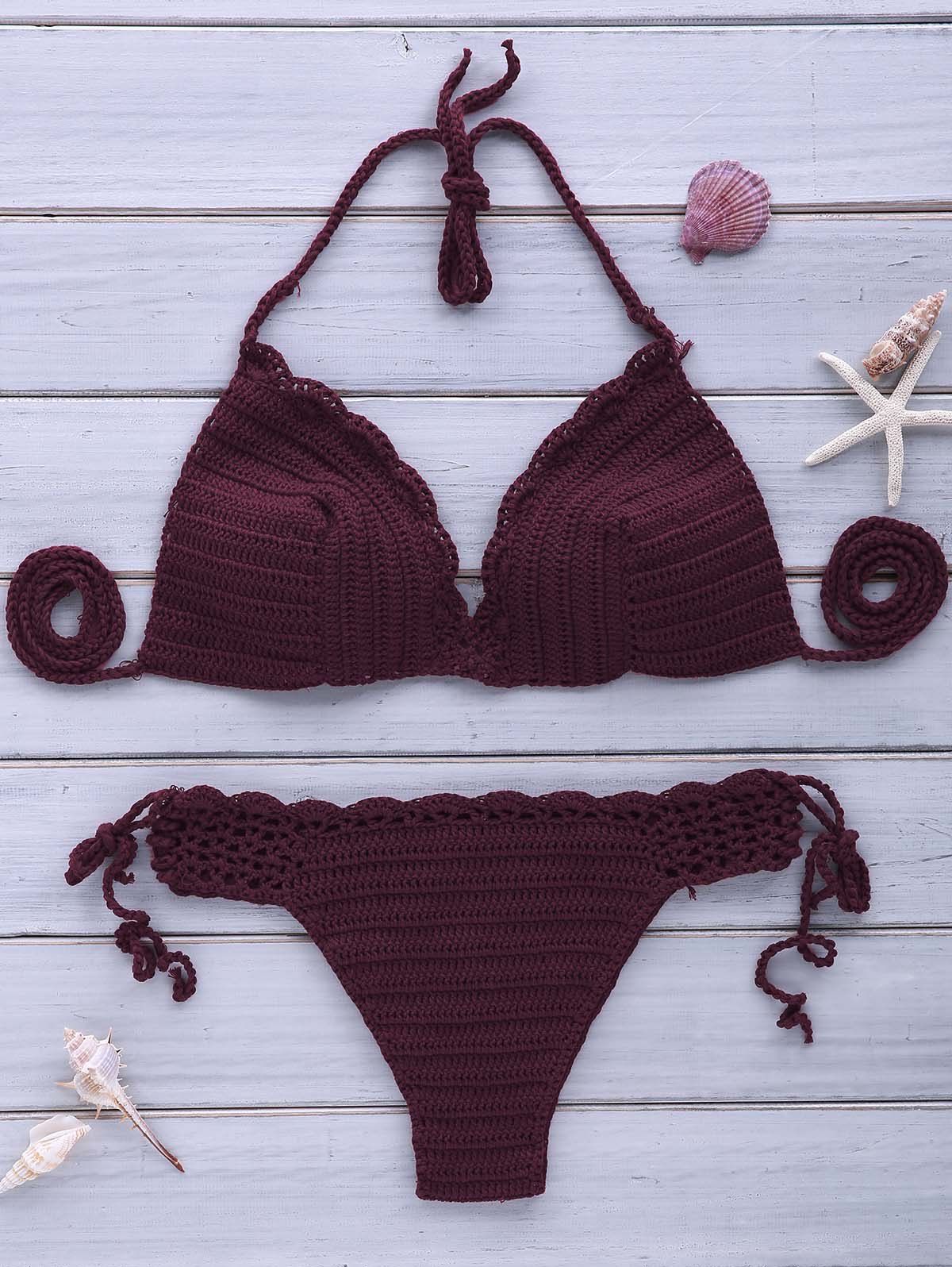 [38% OFF] Sexy Halterneck Purple Crochet Bikini Set For Women | Rosegal