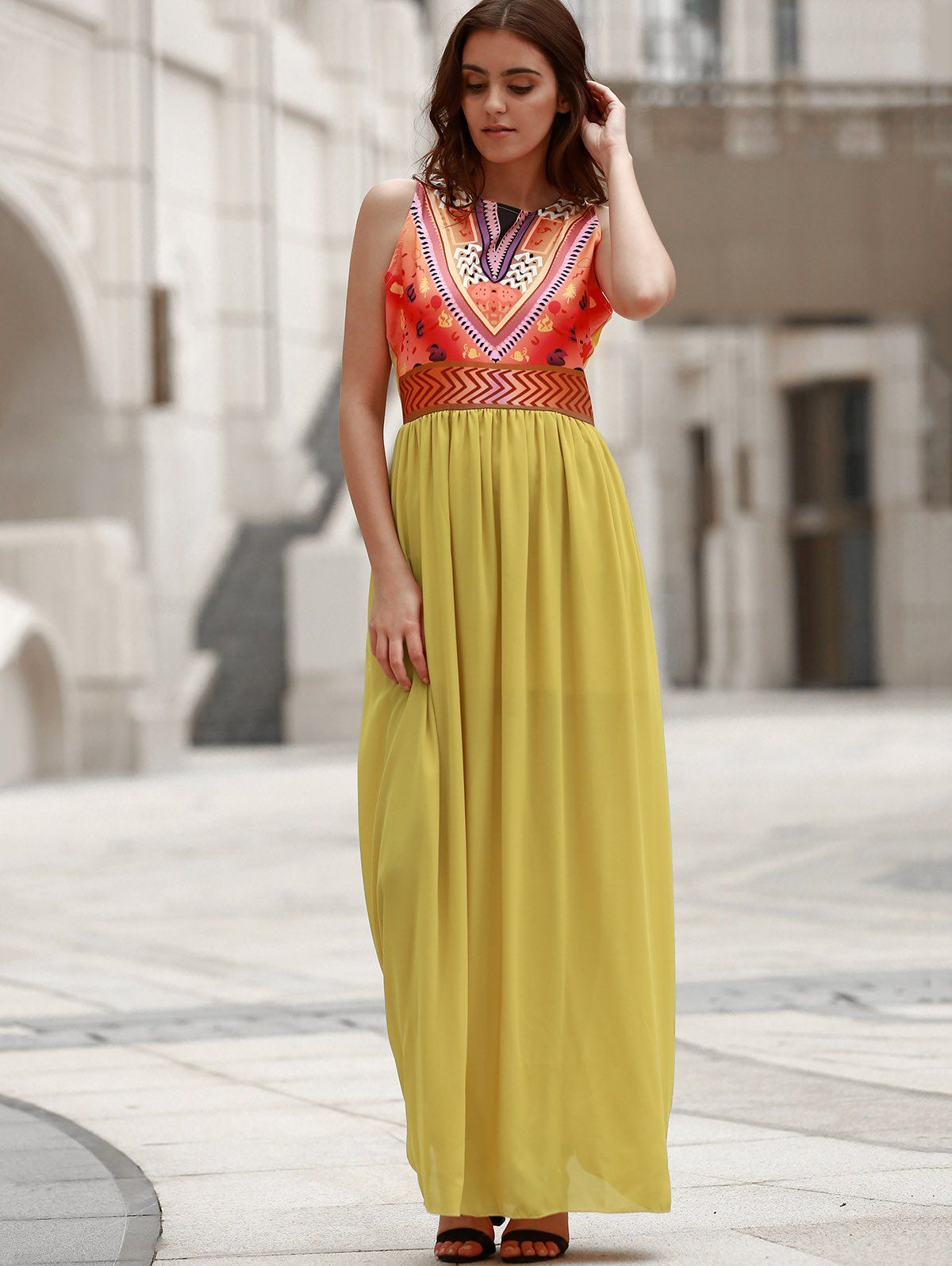 [29% OFF] Maxi Print Chiffon Boho Beach Dress | Rosegal