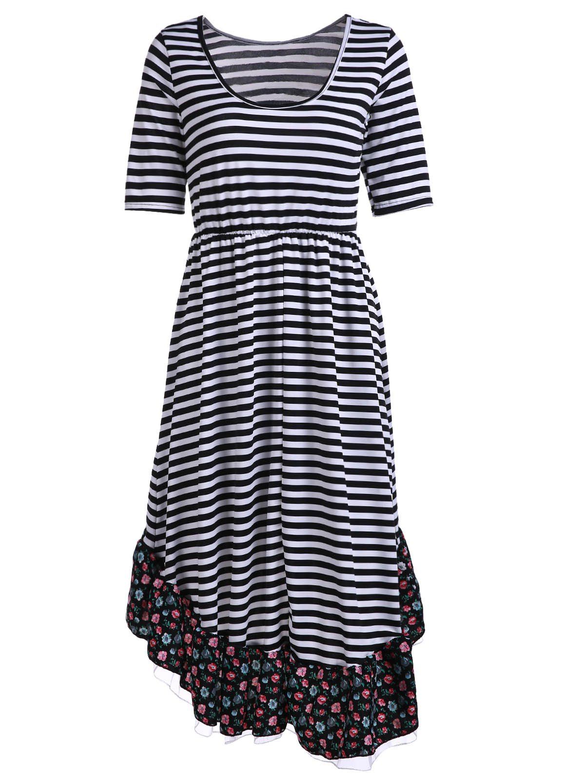 Shops Stylish Round Collar 3/4 Sleeve Striped Floral Print Asymmetrical Women's Dress  