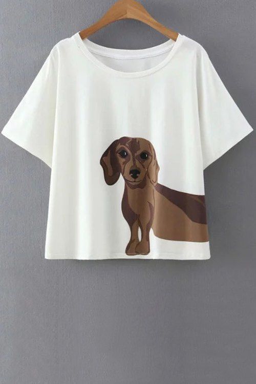 Unique Sweet Round Neck Short Sleeve Puppy Pattern Women's White T-Shirt  