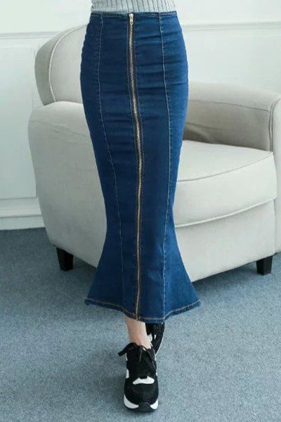 [65% OFF] High Waisted Zipper Design Fishtail Denim Maxi Skirt | Rosegal