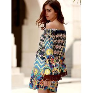 bohemian off the shoulder ethnic print fringed dress for women