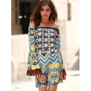 bohemian off the shoulder ethnic print fringed dress for women