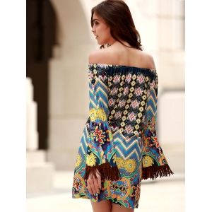 bohemian off the shoulder ethnic print fringed dress for women