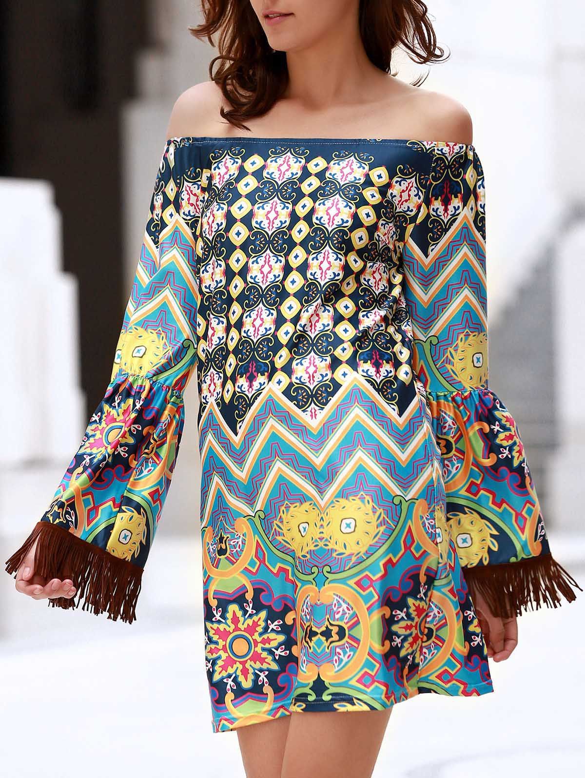 46% OFF Bohemian Off The Shoulder Ethnic Print Fringed ...