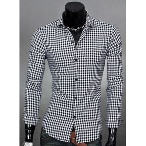 

Turn-Down Collar Plaid Print Long Sleeve Men's Shirt, Black