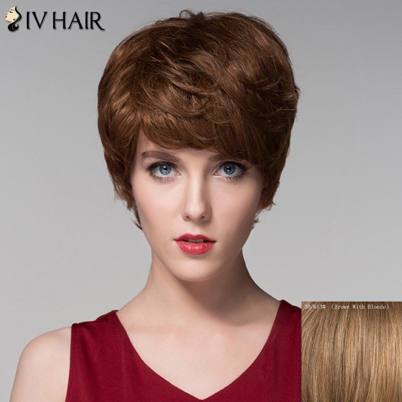 OFF Fashion Side Bang Capless Vogue Short Fluffy Wavy Real Natural Hair Wig For Women