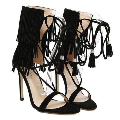 Black 39 Stiletto Heel Gladiator Fringe Sandals | Rosegal.com