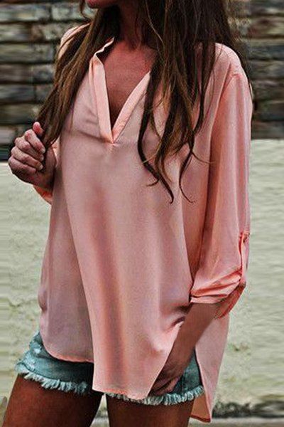 

Fashionable V-Neck Long Sleeve Loose-Fitting Slit Chiffon Blouse For Women, Pink