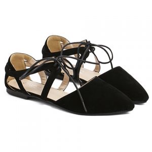 Black 36 Lace Up Cut Out Ballet Flats | RoseGal.com