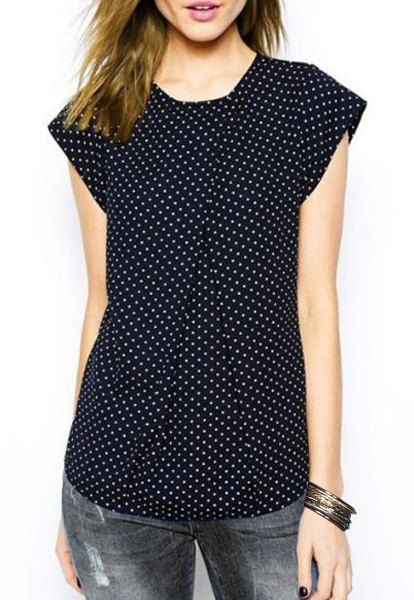 

Fashionable Jewel Neck Short Sleeve Polka Dot T-Shirt For Women, Purplish blue