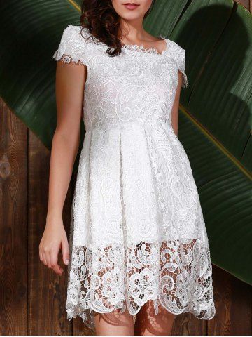2018 Cutwork Cap Sleeve Lace Vintage Party Dress In White L | Rosegal.com