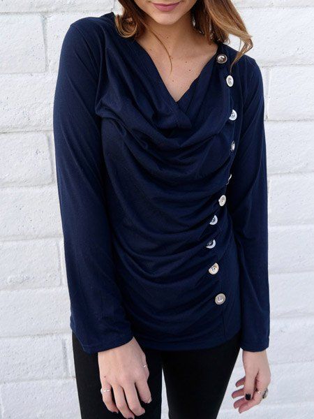 

Cowl Neck Long Sleeve Button Embellished Blouse For Women, Deep blue