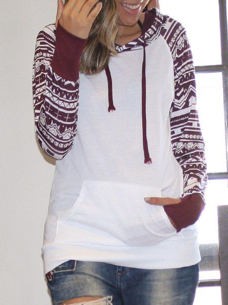 

Chic Long Sleeve Geometrical Hooded Color Block Hoodie For Women, White