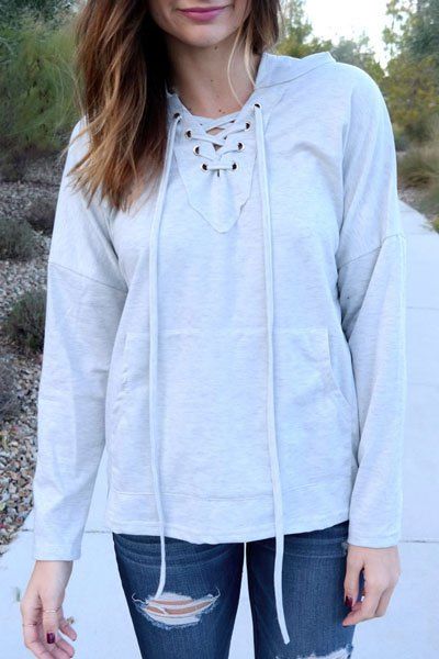 

Stylish Hooded Long Sleeve Lace-Up Solid Color Women's Pullover Hoodie, Light gray