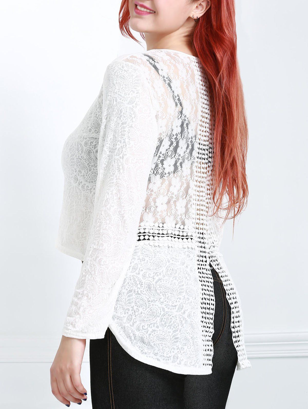 

Long Sleeve Lace Trim Sheer T-Shirt, Off-white
