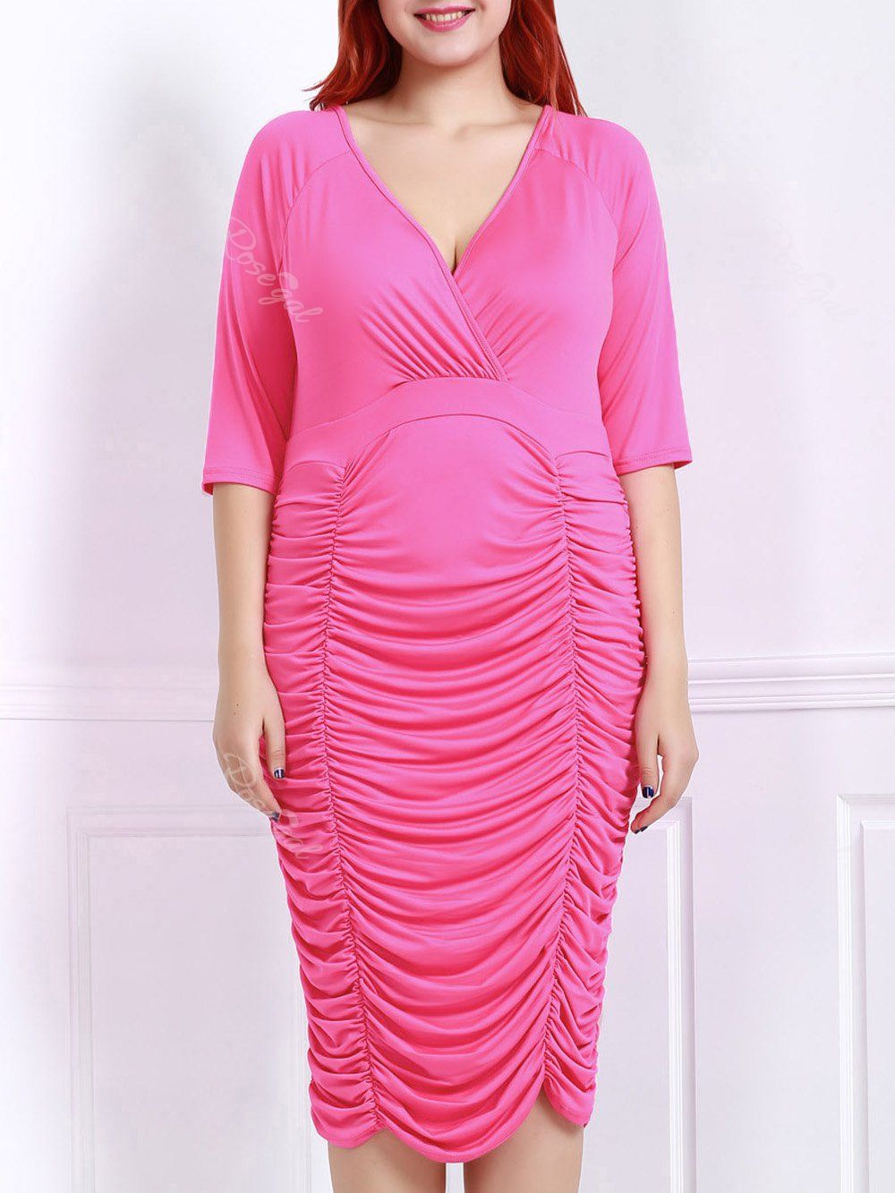 

V-Neck Ruched Bodycon Drape Midi Dress, Rose