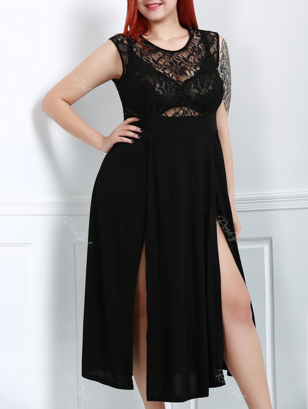 Online Lace Panel Plus Size Night Out Dress with Slit  