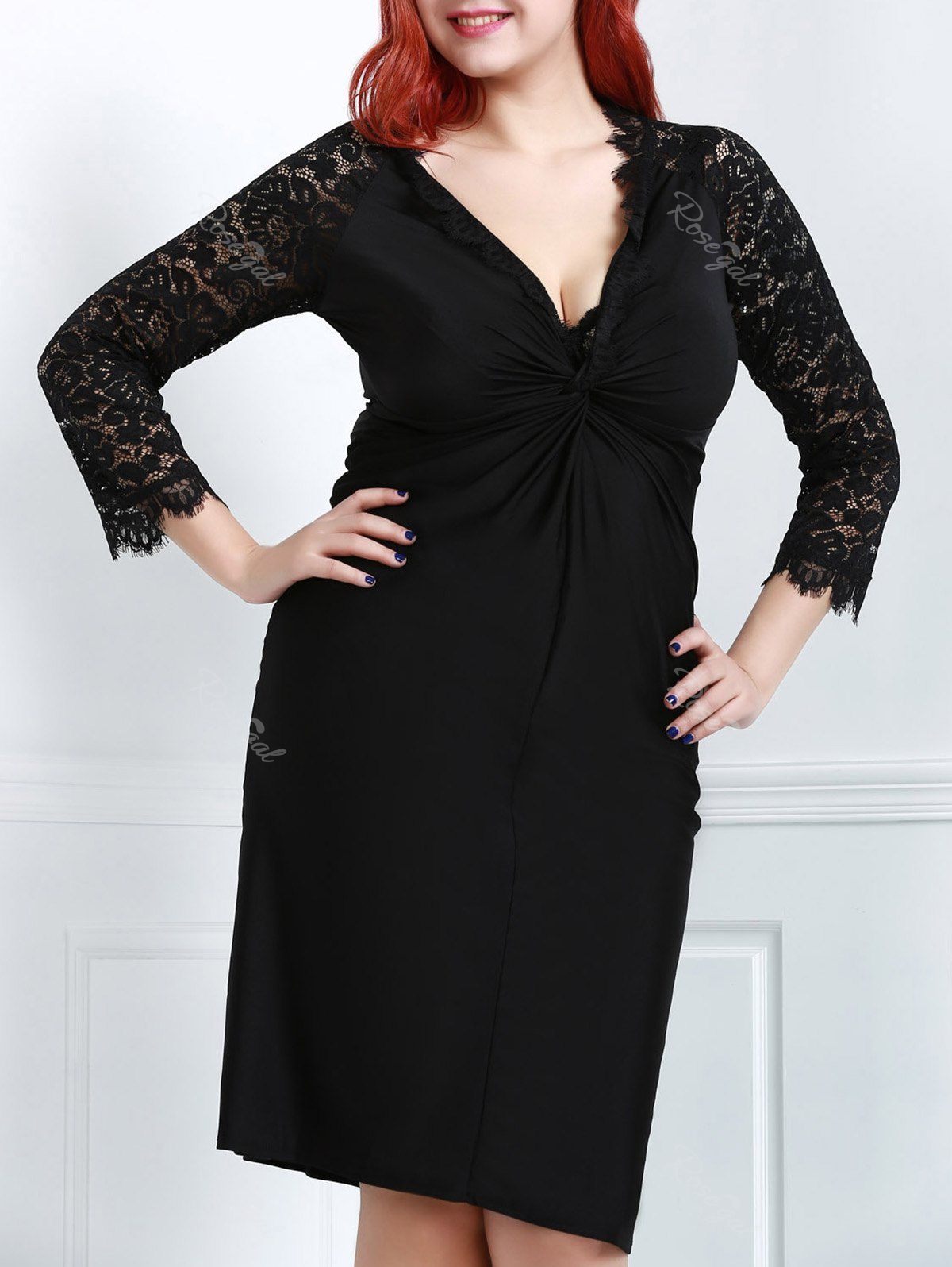 Black 2xl Sexy Plunging Neck Black Lace Spliced Long Sleeve Dress For