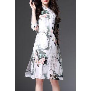 White M Elegant Mandarin Collar 3/4 Sleeve Floral Print Side Slit Dress ...