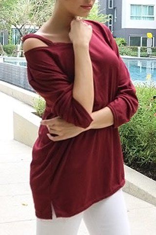 

Casual V-Neck Long Sleeve T-Shirt For Women, Wine red